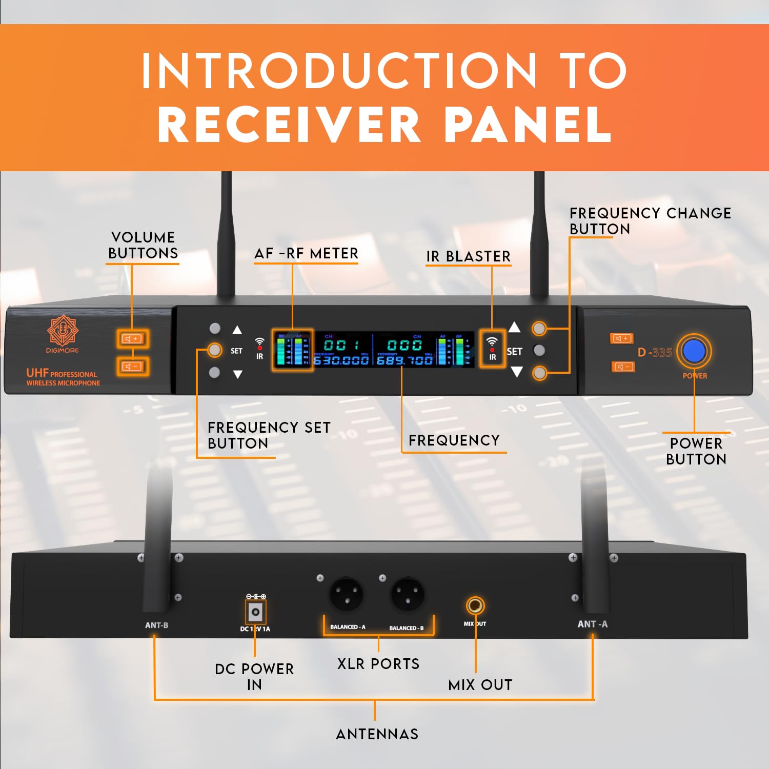 DIGIMORE Dual Wireless Microphone System | 200 Channels | 36 Sets | 328ft Range | IR Blaster | XLR & 6.35mm Output | Flight Case | for Live Performances, Karaoke, Public Speaking, Churches (D-335)