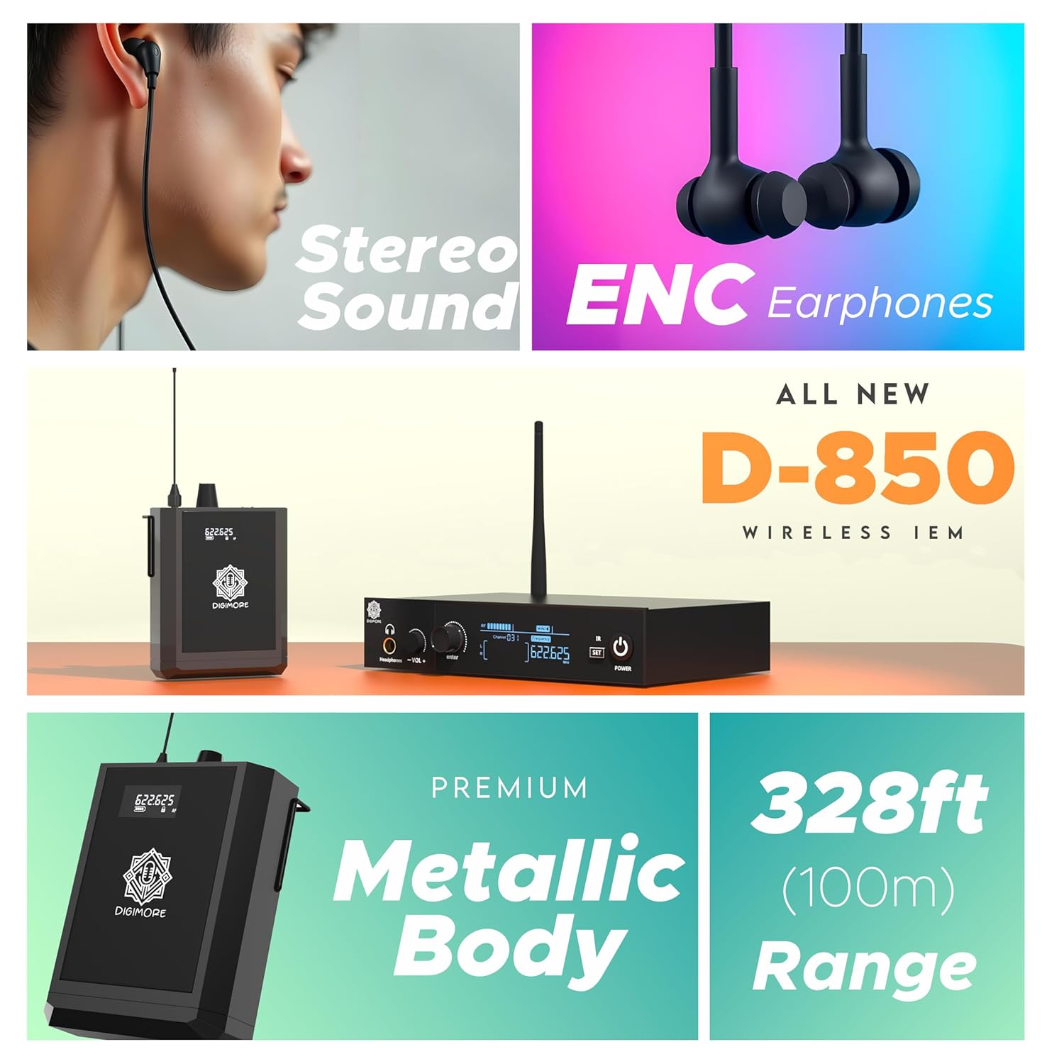 DIGIMORE UHF Wireless in-Ear Monitor System with Earphones | 300 Ft Range | Rack Mount | Professional IEM Stereo System Transmitter | for Studio, Guitar, Band Rehearsal, Live Performance (D-850)