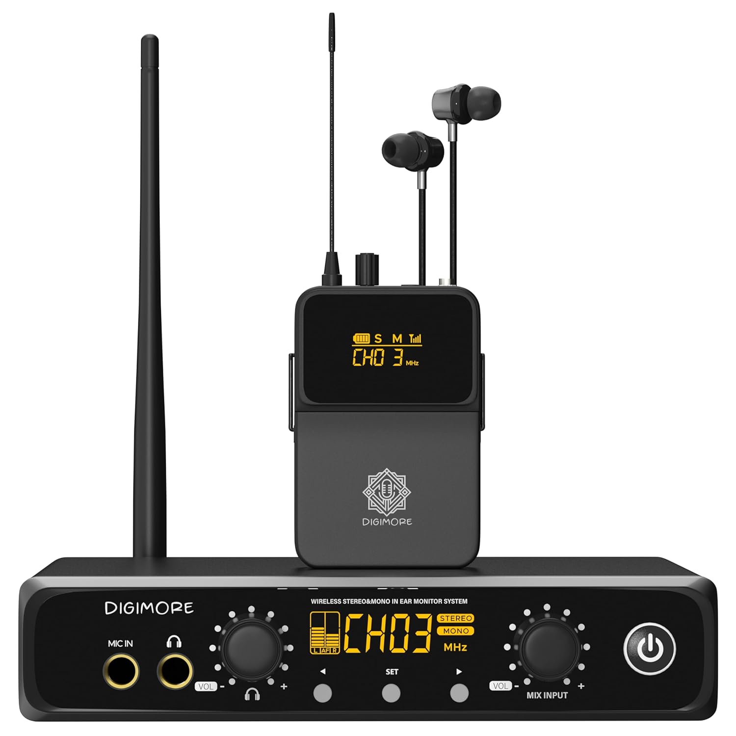 DIGIMORE UHF Wireless in-Ear Monitor System with Earphones | 328 Ft Range | Rack Mount | Professional Stereo Sound Transmitter | for Studio, Guitar, Band Rehearsal, Live Performance (D-800 Pro)