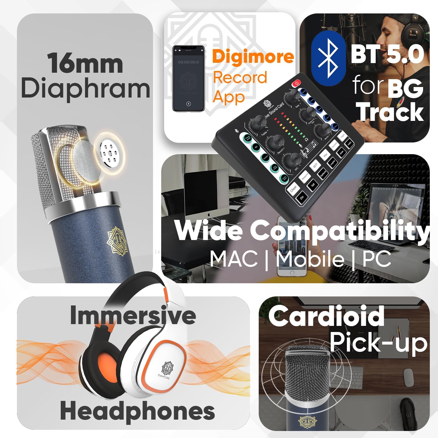 DIGIMORE Dual Condenser Microphone Kit for Singing with D-220 Sound Card | Studio Recording Equipments Full Set, Voice Recorder Mic, Karaoke, Gaming, Podcast & Lecture (D-442)