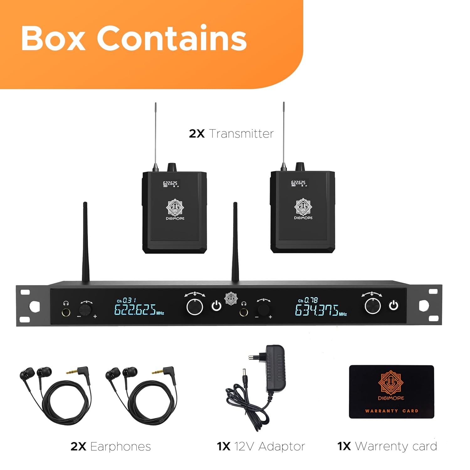 DIGIMORE UHF 2-Channel Wireless in-Ear Monitor System with Earphones | 328ft Range | 1U Rack Mount Body | for Stage Monitoring, Studio, Band Rehearsal, Live Performance (D-860)