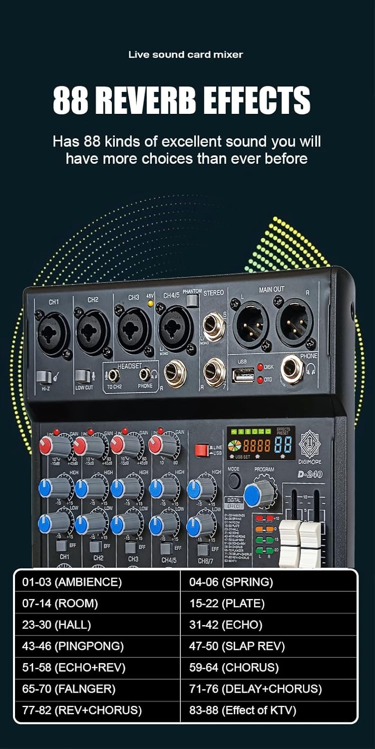 DIGIMORE 7 Channel Audio Mixer | DJ mixer Board | Bluetooth MP3 Mixer for Music With Sound Card Recording And 88 Kinds of DSP Digital Effects, USB Audio Interface for Karaoke (D-240)