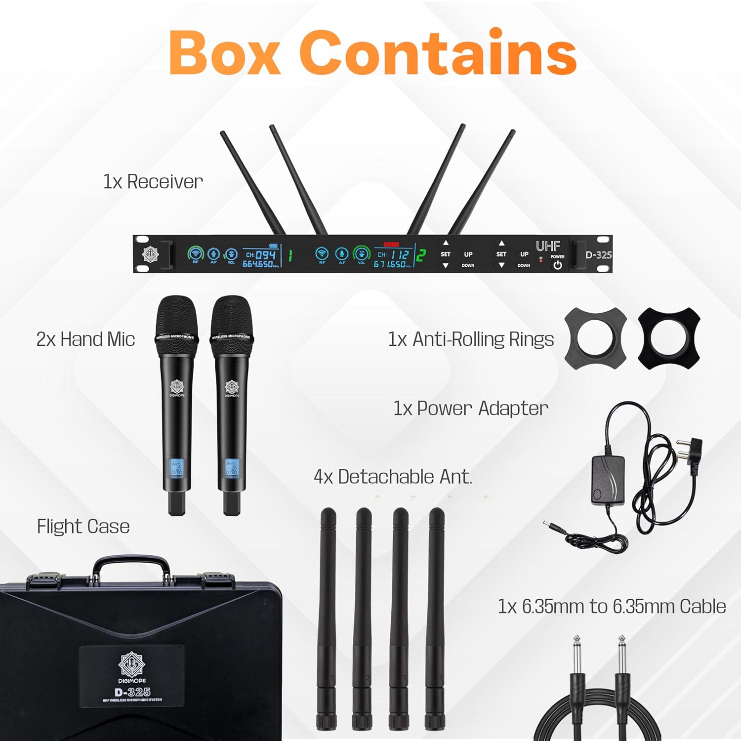 DIGIMORE UHF Wireless Microphone System with True Diversity | 200 Channels | 750ft Range | Metal Body with Flight Case | DSP Frequency Lock | Stage, PA, Karaoke, Public Speaking, Church (D-325)