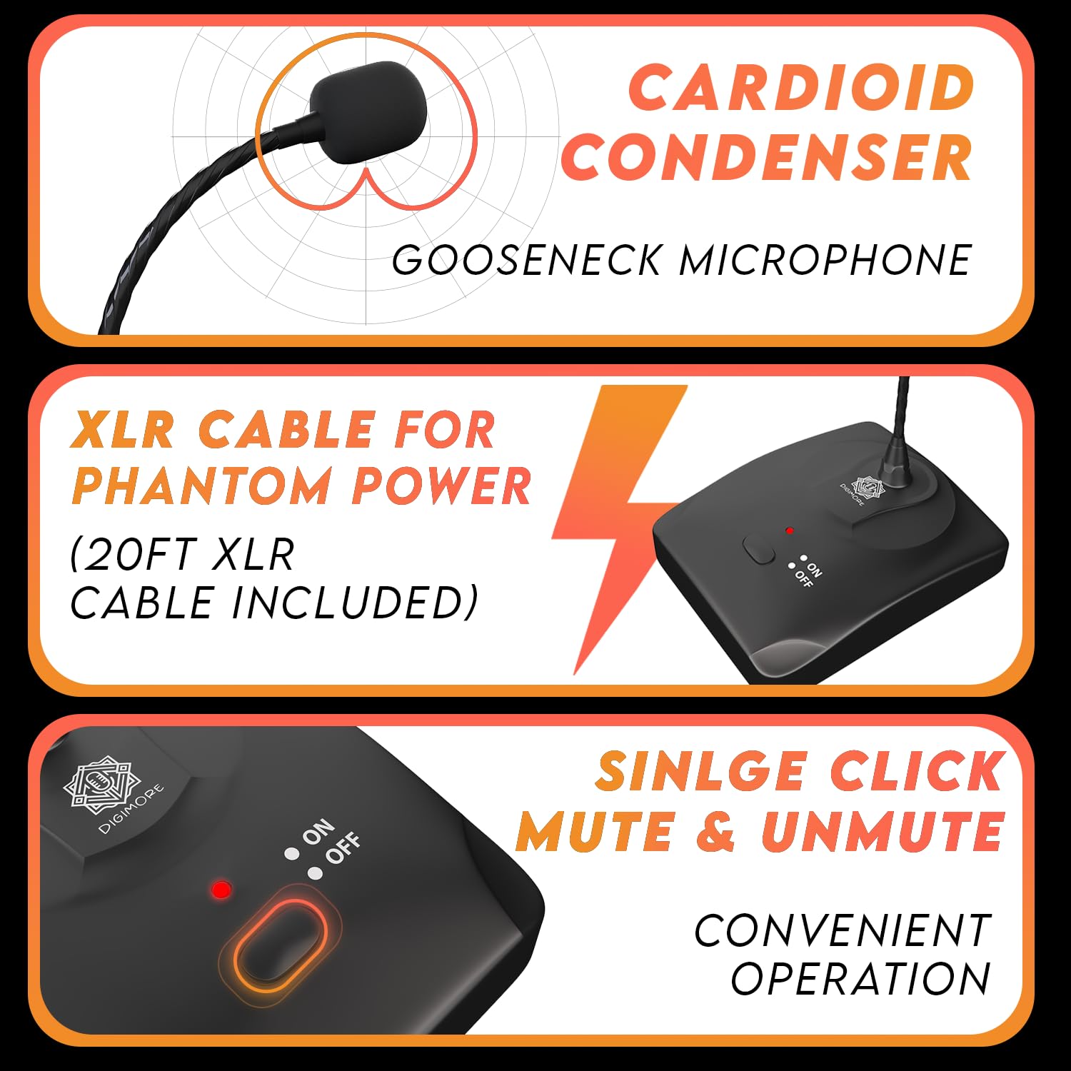 DIGIMORE Desktop Condenser Gooseneck Microphone 18" Podium Microphone with ON/Off Switch, XLR Mic for Meetings Video Conferences, Streaming Lectures (D-650)