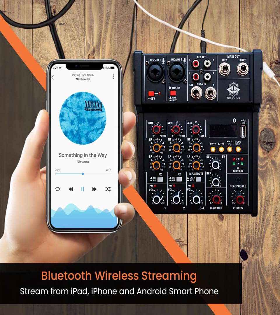 DIGIMORE Audio Mixer 4 Channel for Stage Live Studio Stereo Recording DJ Sound Board Console System Interface with 48V Phantom Power | HI-Z Function (D-200)