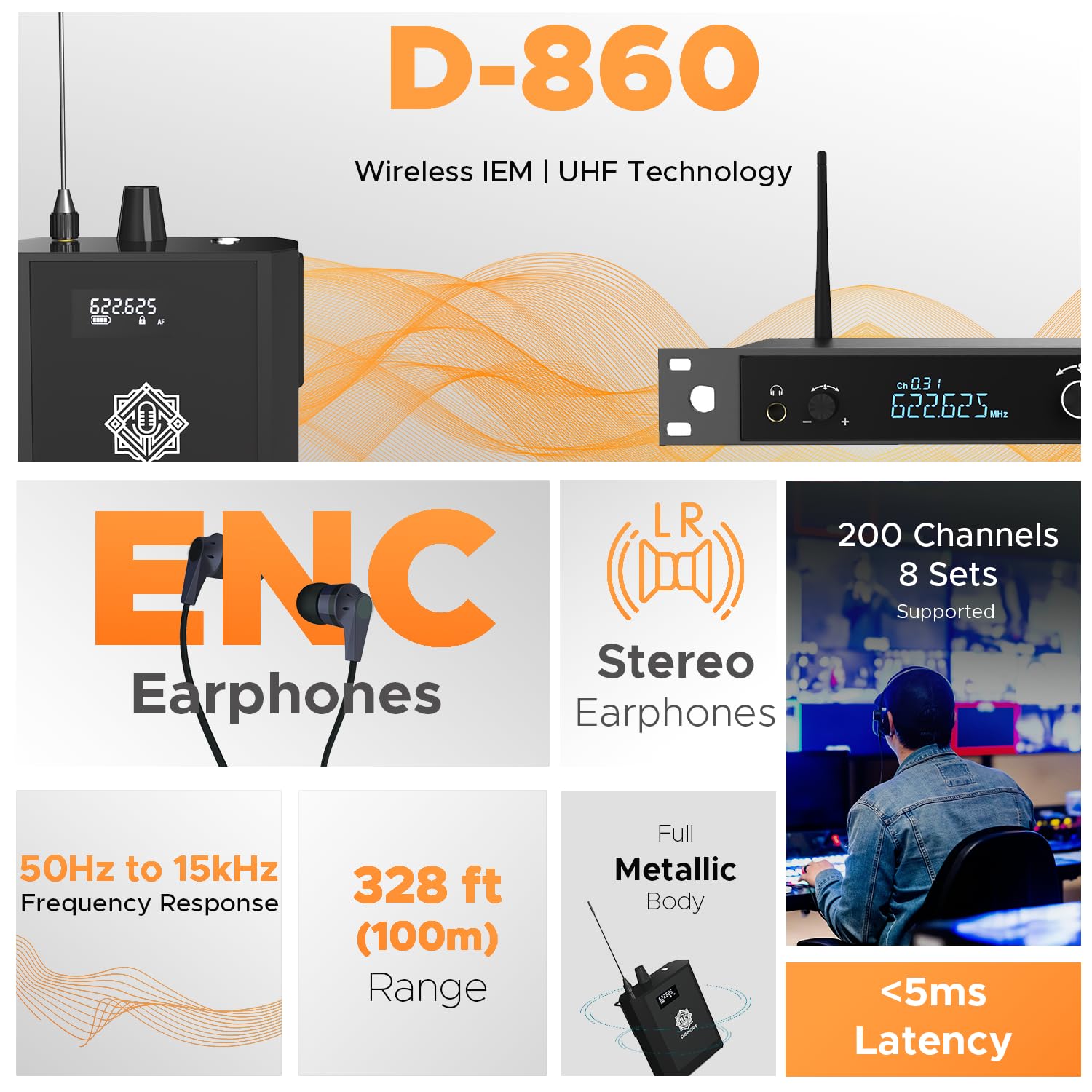 DIGIMORE UHF 2-Channel Wireless in-Ear Monitor System with Earphones | 328ft Range | 1U Rack Mount Body | for Stage Monitoring, Studio, Band Rehearsal, Live Performance (D-860)