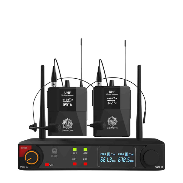 DIGIMORE Dual UHF Wireless Headset Microphones | Cardioid Pickup | 3-Pin Mini XLR Mic |197ft Range | Balanced XLR Outputs | Ideal for Stage, Public Speaking, Events & Live Performances (D-305 LL)