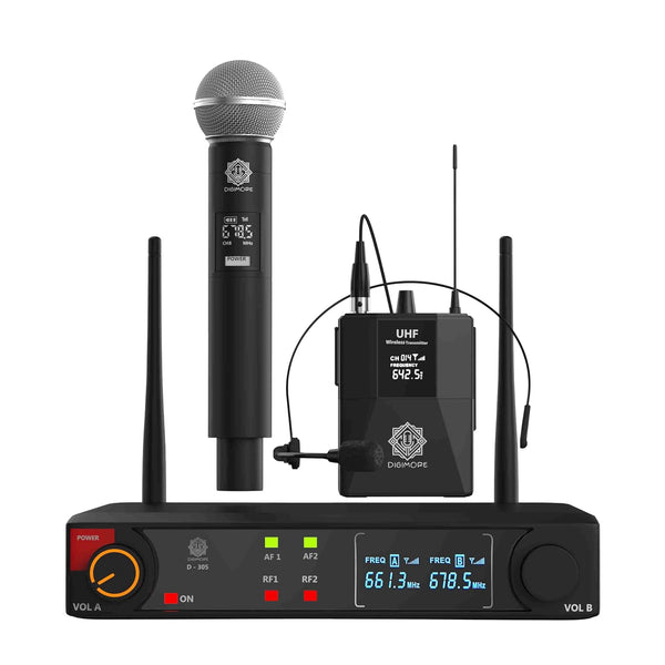 DIGIMORE UHF Wireless Microphone System | Cardioid Pickup | 1 Hand + 1 Head Mic w 3-Pin Mini XLR | 197ft Range | Balanced XLR Outputs | Perfect for Stage, Events, Public Speaking & Worship (D-305 HL)