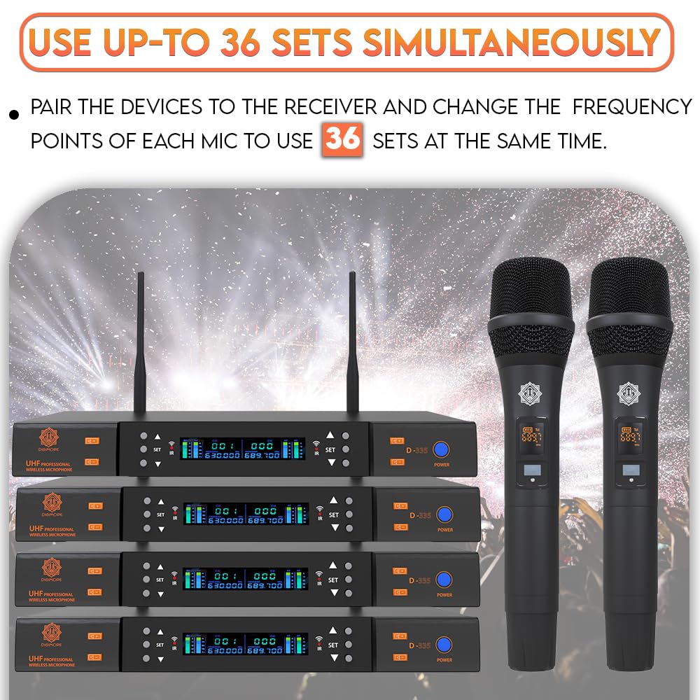 DIGIMORE Dual UHF Wireless Microphone System | 200 Channels | 36 Sets | 328ft Range | IR Blaster | XLR & 6.35mm Output | Flight Case | For Live Performances, Karaoke, Public Speaking, Churches (D-335)