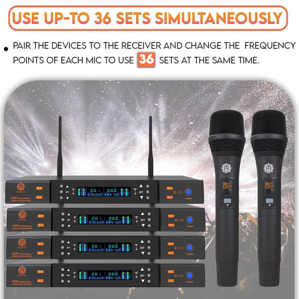 DIGIMORE Dual UHF Wireless Microphone System | 200 Channels | 36 Sets | 328ft Range | IR Blaster | XLR & 6.35mm Output | Flight Case | For Live Performances, Karaoke, Public Speaking, Churches (D-335)