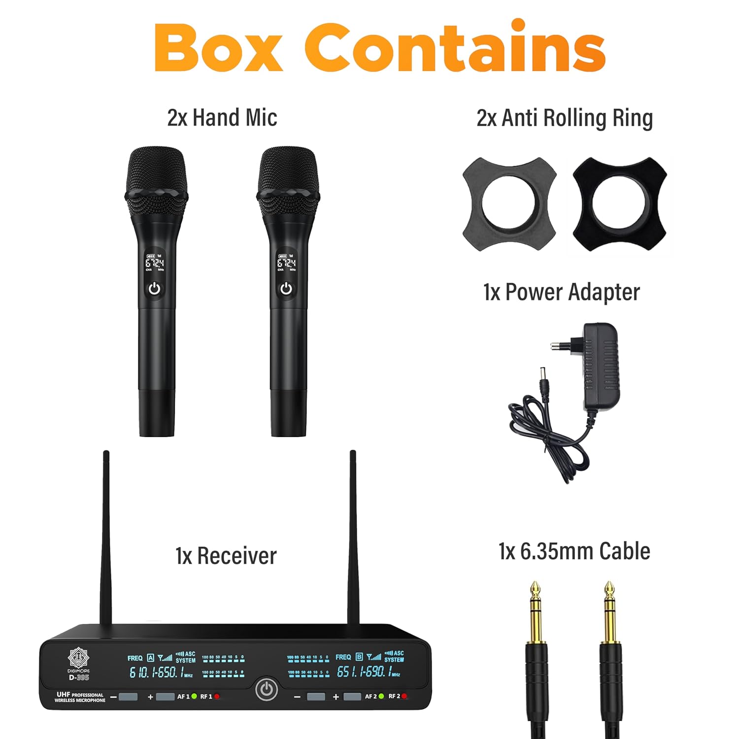 DIGIMORE UHF Wireless Microphone System | Dual Handheld Mics | 72 Channels | 350 ft Range | 8H Battery | Metal Body | Ideal for Karaoke, Stage, Church, DJ, Events, Singing, Public Speaking (D-395 HH)