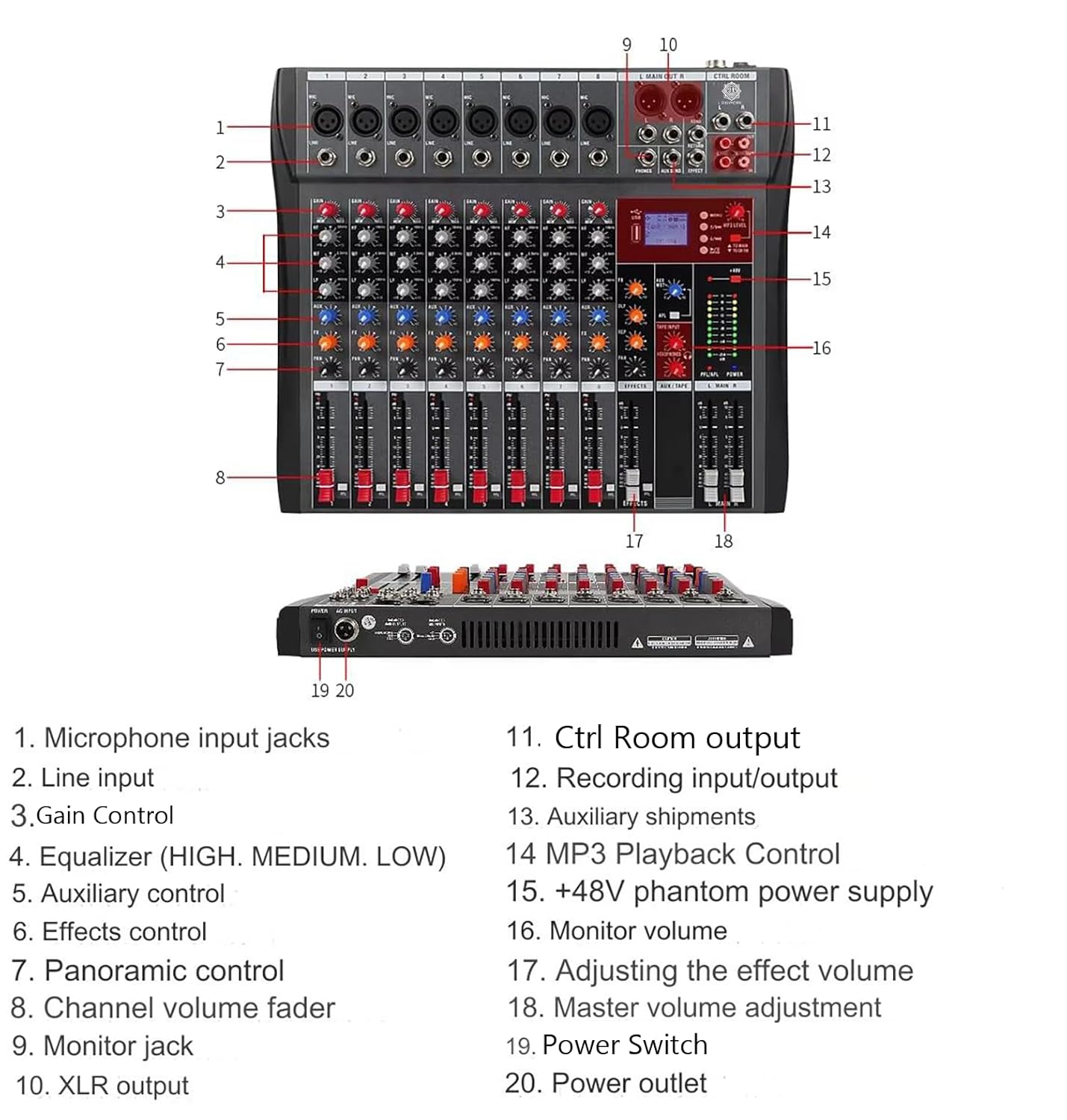 DIGIMORE Professional 8 Channel Mixer | 8 XLR + 6.35MM Input Ports | USB MP3 & BT Support | 48V Phantom Power | Delay & Repeat FX | Stereo Output | Stereo Control Room, Headphone, Aux, EFF Outs D-265