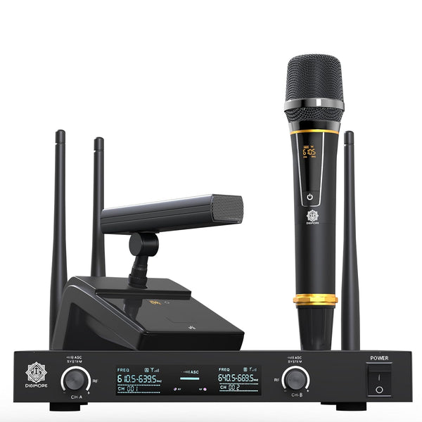 DIGIMORE UHF Wireless Conference Microphone | Desktop Microphone with One Handheld Microphone | 60 Channels | 300 Feet Range | Meetings, Streaming Lectures, Wedding, Social Events (D-630)