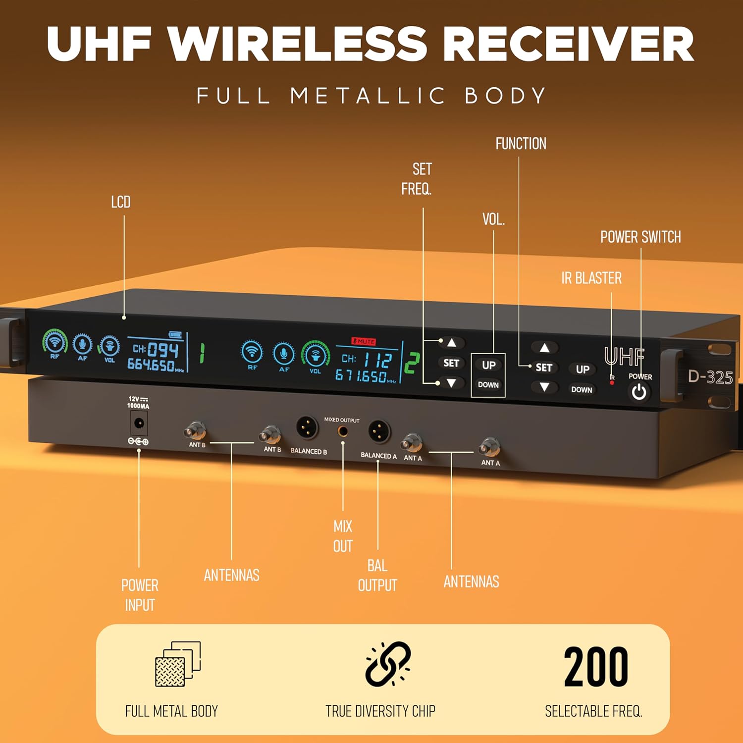 DIGIMORE UHF Wireless Microphone System with True Diversity | 200 Channels | 750ft Range | Metal Body with Flight Case | DSP Frequency Lock | Stage, PA, Karaoke, Public Speaking, Church (D-325)