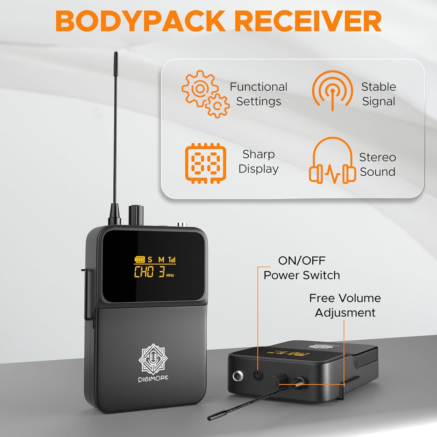 DIGIMORE UHF in-Ear Monitor Receiver with Earphones | Stereo Output | 328ft Range | Connect up-to 99 Body Packs with Only D-800 Pro (D-800 Pro Bodypack)