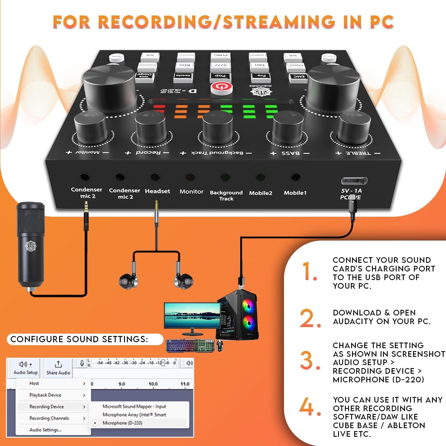 DIGIMORE Dual Condenser Microphone Kit for Singing with V8 Sound Card | Studio Recording Equipments Full Set, Voice Recorder Mic, Karaoke, Gaming, Podcast & Lecture (D-432)