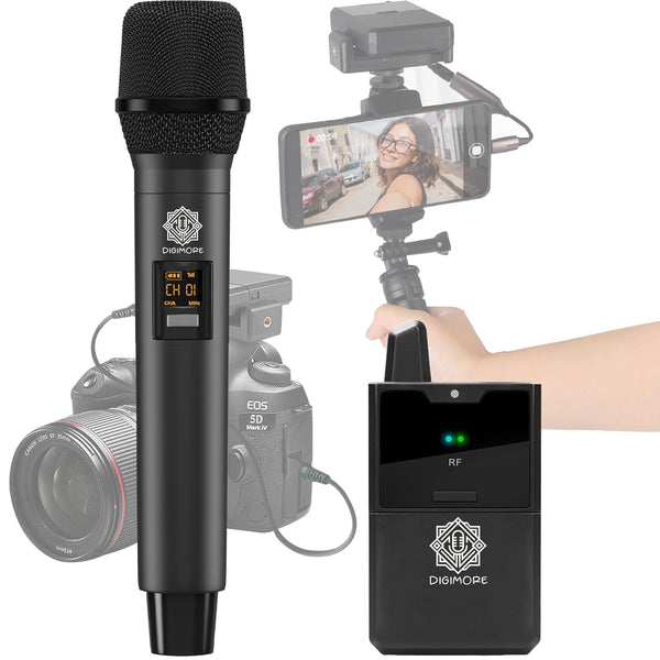 DIGIMORE UHF Wireless Handheld Microphone for Camera & Smartphones | 30 Channels | 324ft Range | Cardioid Pickup | for Interviews, Vlogging, Singing & Events (D-343 H)