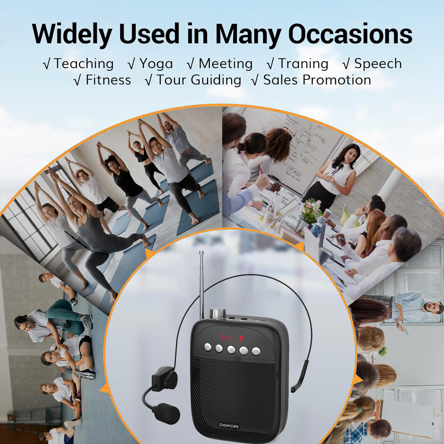 DIGIMORE Portable Voice Amplifier | 10W Loud Speaker w Head Mic | BT 5.0, USB MP3, FM, TF Card & Recording Feature | 10Hrs Battery Life | for Tour Guides, Yoga, Fitness Instructors, Colleges (D-1220)