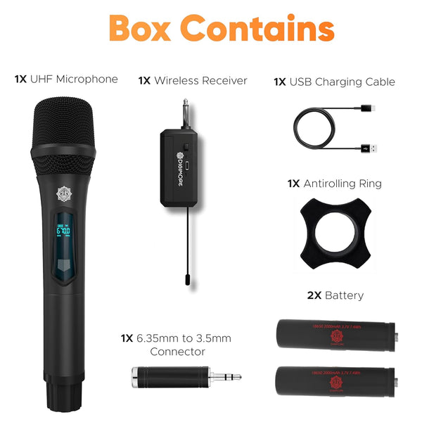 DIGIMORE UHF Wireless Microphone | 36 Channels | 328ft Long Range | Type-C Charging | 8Hrs Battery Life | Perfect for Singing, Karaoke & Live Performances (D-340 Pro)