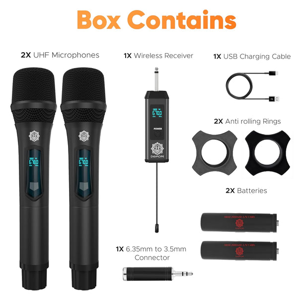 DIGIMORE UHF Dual Wireless Microphone | 36 Channels | 200ft Range| 8Hrs Battery Life| Type-C Charging |Perfect for Singing, Karaoke & Live Performances (D-350 Pro)