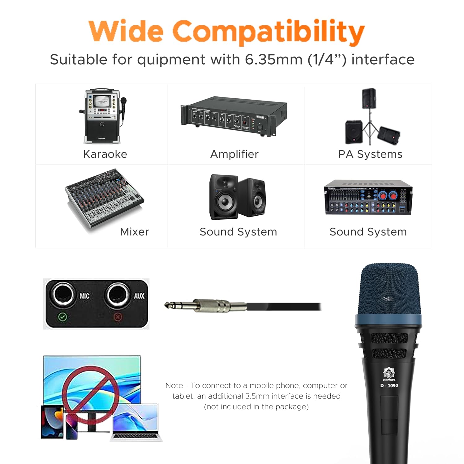 DIGIMORE Super-Cardioid Dynamic Microphone | Durable Metal Body | XLR to 6.35mm 20ft Cable with Mic Holder | Ideal for Vocals, Singing, Live Performance & Public Gatherings (D-1090)