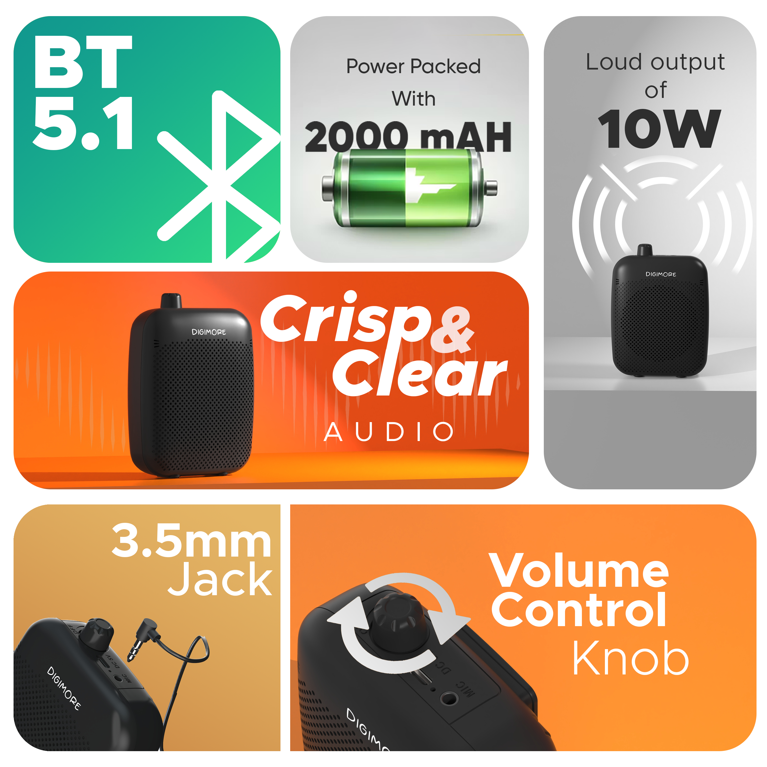 DIGIMORE 10W Voice Amplifier for Teachers with Bluetooth | 10 Hrs Battery | Wired Headset Mic with Speaker for Tour Guides, Yoga, Classroom Teaching Aid for Schools & Colleges (D-1200)