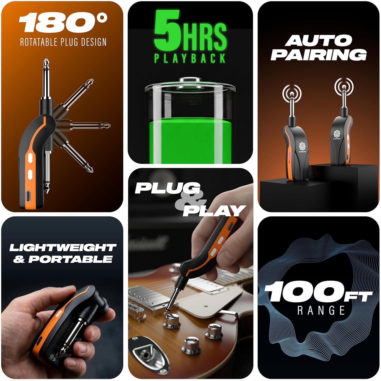 DIGIMORE UHF Wireless Guitar System | 5Hrs Playback | <5ms Latency | 100ft Range | 180° Rotatable Plug | 20Hz - 20KHz Frequency Response | Compatible with Amplifiers, Mixers & Guitar Amps (D-701)