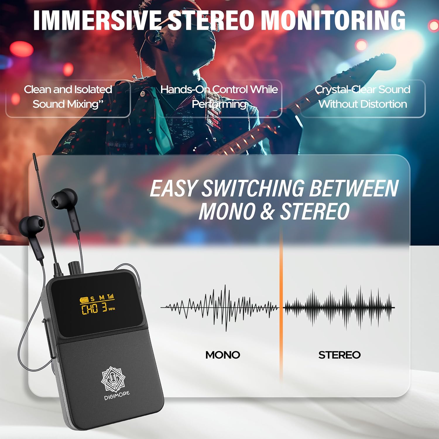 DIGIMORE UHF in-Ear Monitor Receiver with Earphones | Stereo Output | 328ft Range | Connect up-to 99 Body Packs with Only D-800 Pro (D-800 Pro Bodypack)