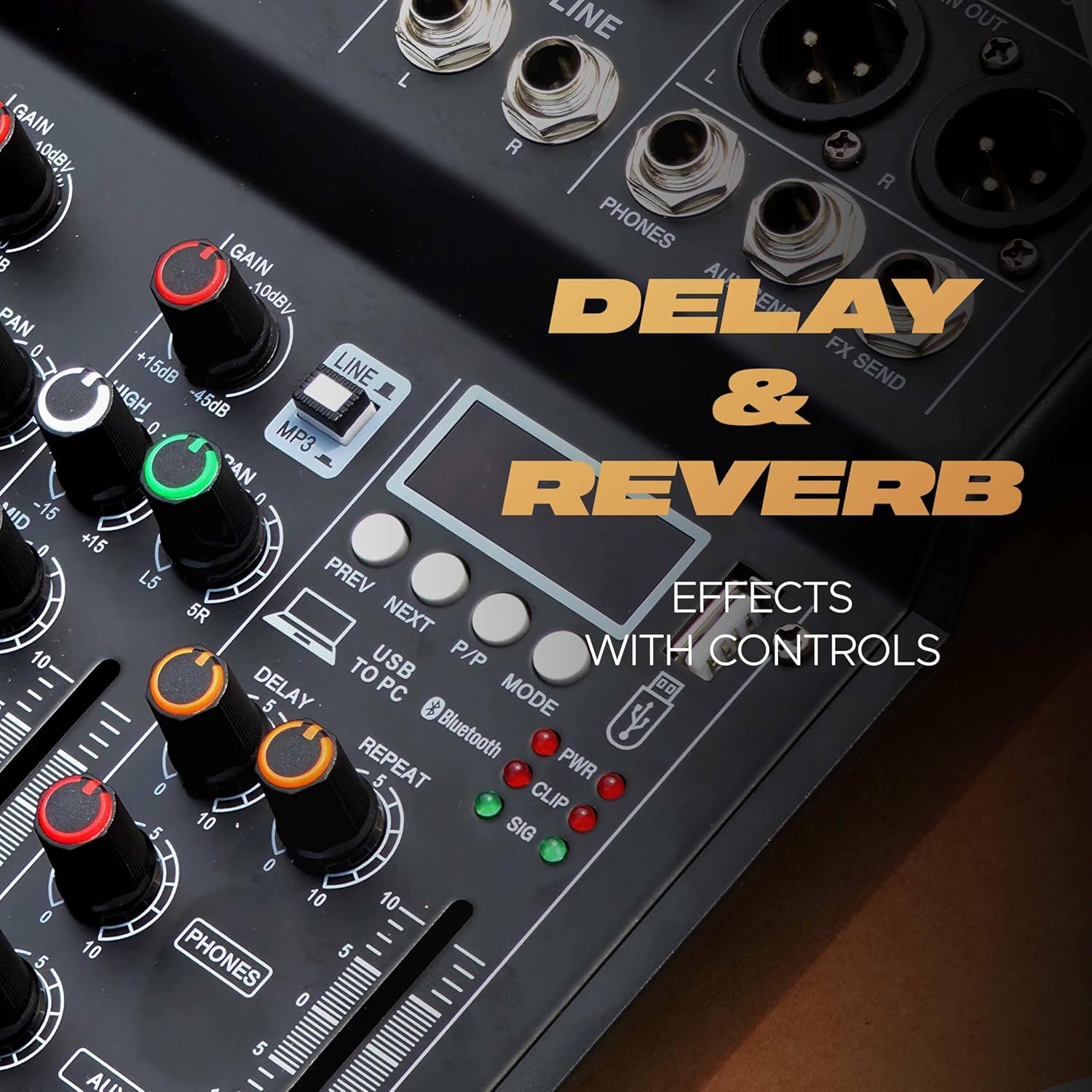 DIGIMORE 7 Channel Audio Mixer with USB & BT Playback | 48V Phantom Power | Stereo XLR Outs | Delay & Reverb Effects | Ideal for Stage, Live Gigs, and Karaoke (D-255 PRO)