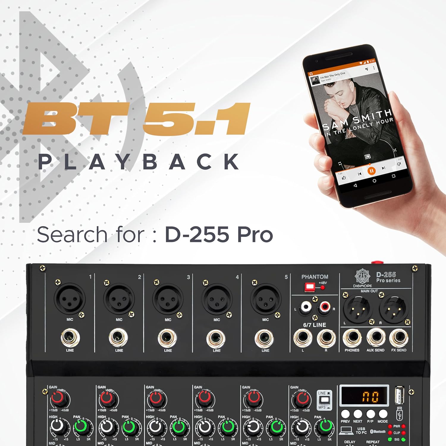 DIGIMORE 7 Channel Audio Mixer with USB & BT Playback | 48V Phantom Power | Stereo XLR Outs | Delay & Reverb Effects | Ideal for Stage, Live Gigs, and Karaoke (D-255 PRO)