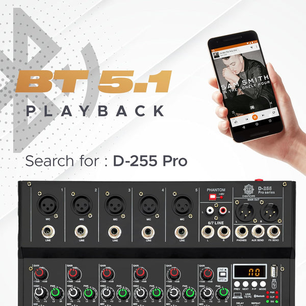 DIGIMORE 7 Channel Audio Mixer with USB & BT Playback | 48V Phantom Power | Stereo XLR Outs | Delay & Reverb Effects | Ideal for Stage, Live Gigs, and Karaoke (D-255 PRO)