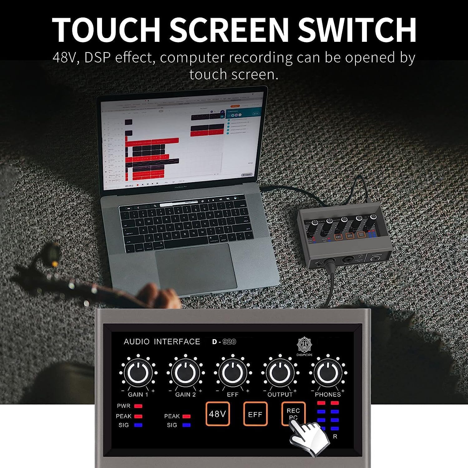 DIGIMORE 2 Channel Audio Interface For Recording Studio | Sound Card With 48KHz/16Bit USB-C, Built-in Monitor Jack, DSP Effect, 48V Phantom Power Use for Singing, Streaming, Podcasting (D-920)