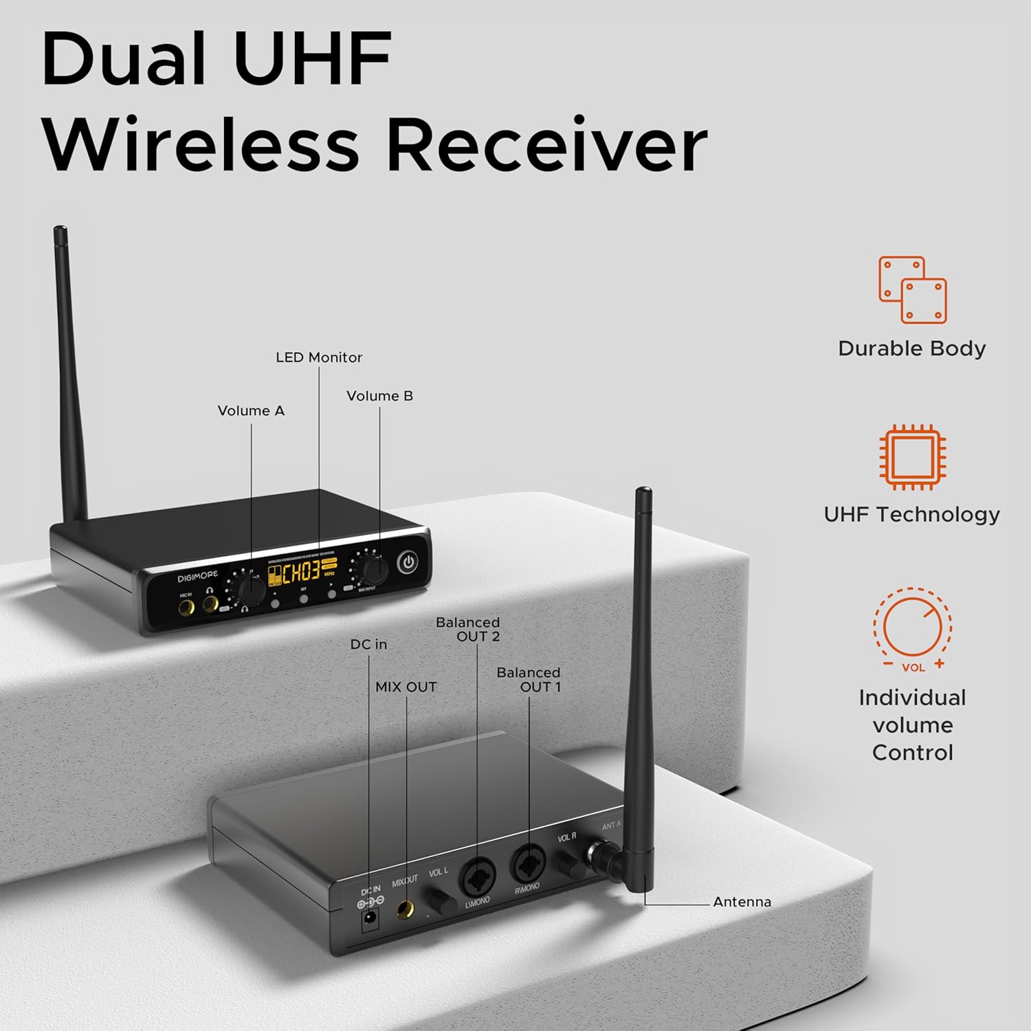 DIGIMORE UHF Wireless in-Ear Monitor System with Earphones | 328 Ft Range | Rack Mount | Professional Stereo Sound Transmitter | for Studio, Guitar, Band Rehearsal, Live Performance (D-800 Pro)