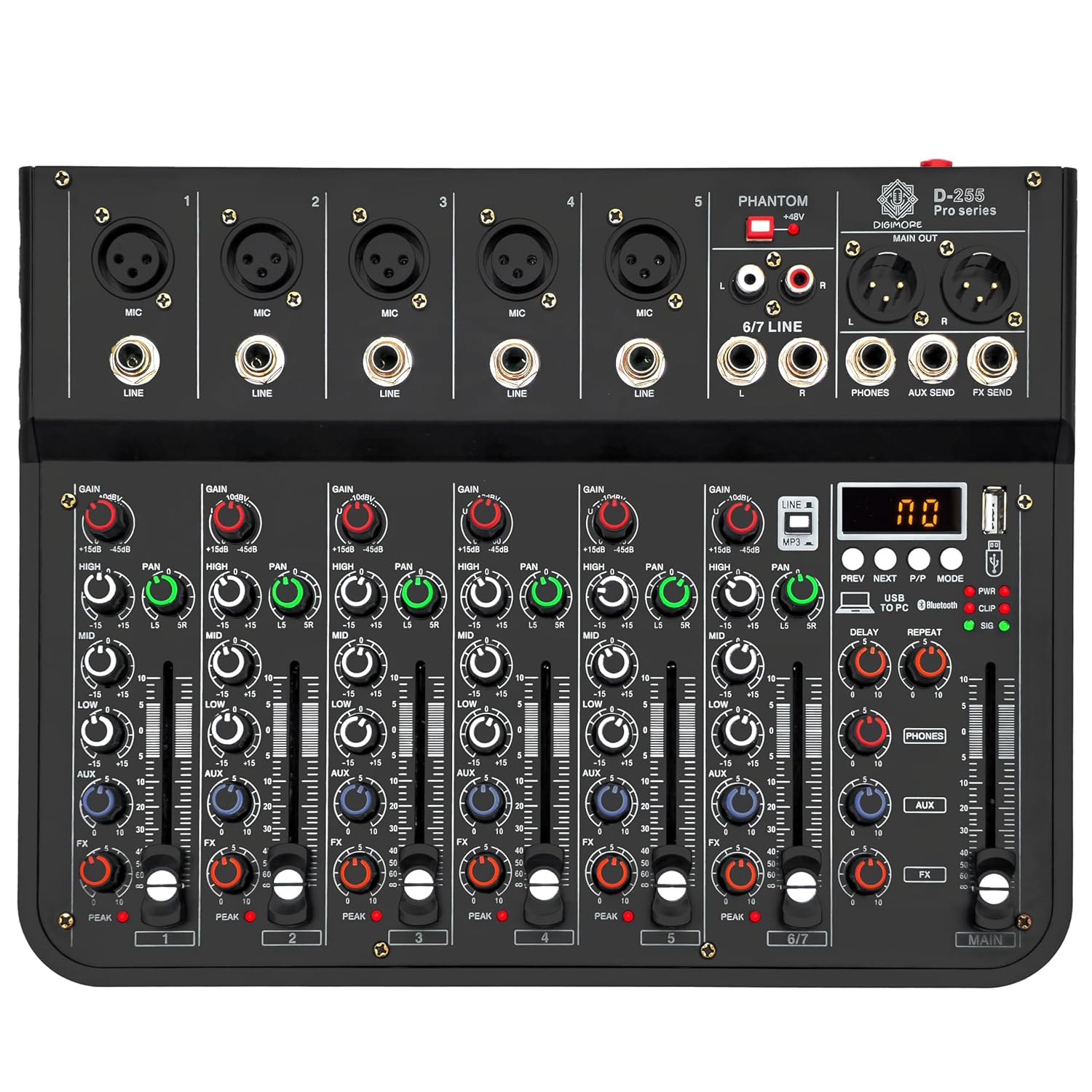 DIGIMORE 7 Channel Audio Mixer with USB & BT Playback | 48V Phantom Power | Stereo XLR Outs | Delay & Reverb Effects | Ideal for Stage, Live Gigs, and Karaoke (D-255 PRO)