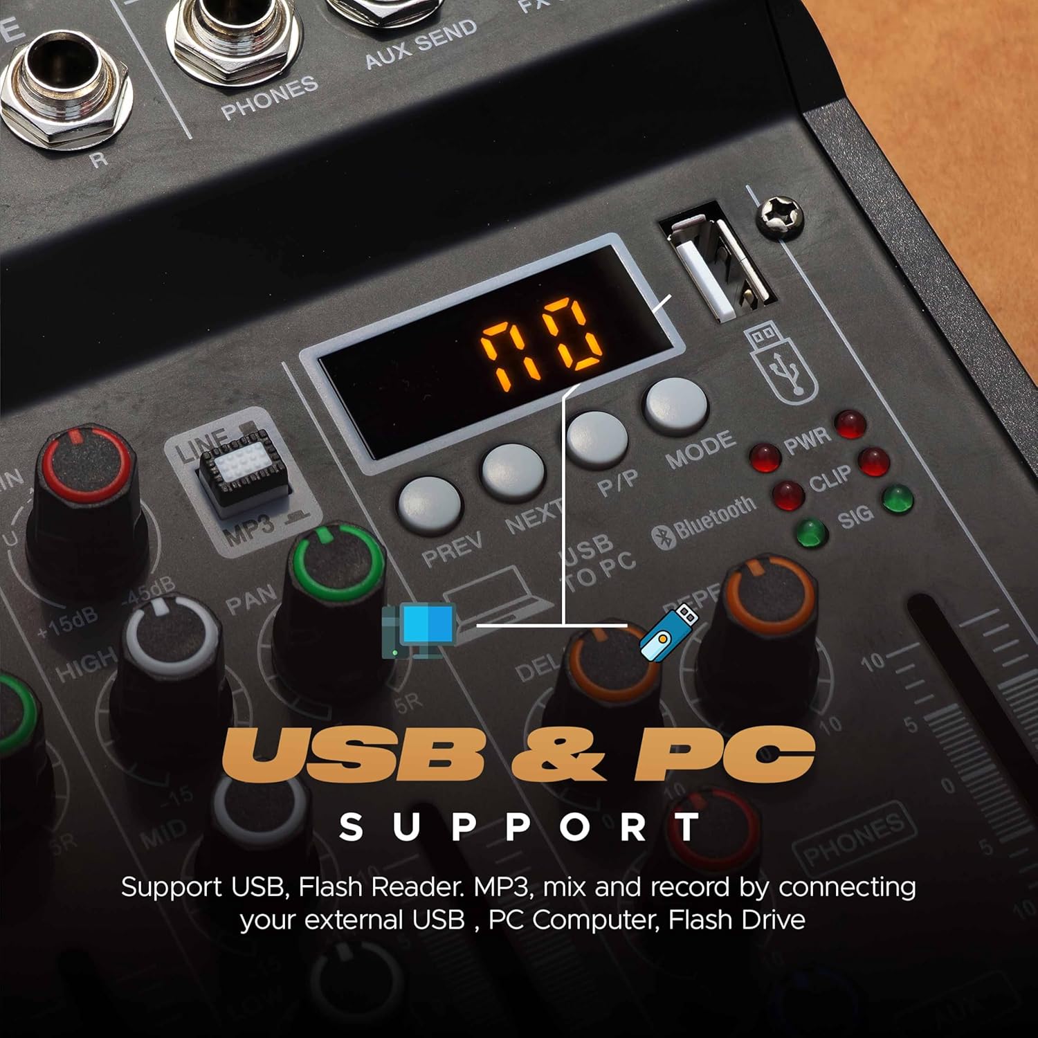 DIGIMORE 7 Channel Audio Mixer with USB & BT Playback | 48V Phantom Power | Stereo XLR Outs | Delay & Reverb Effects | Ideal for Stage, Live Gigs, and Karaoke (D-255 PRO)