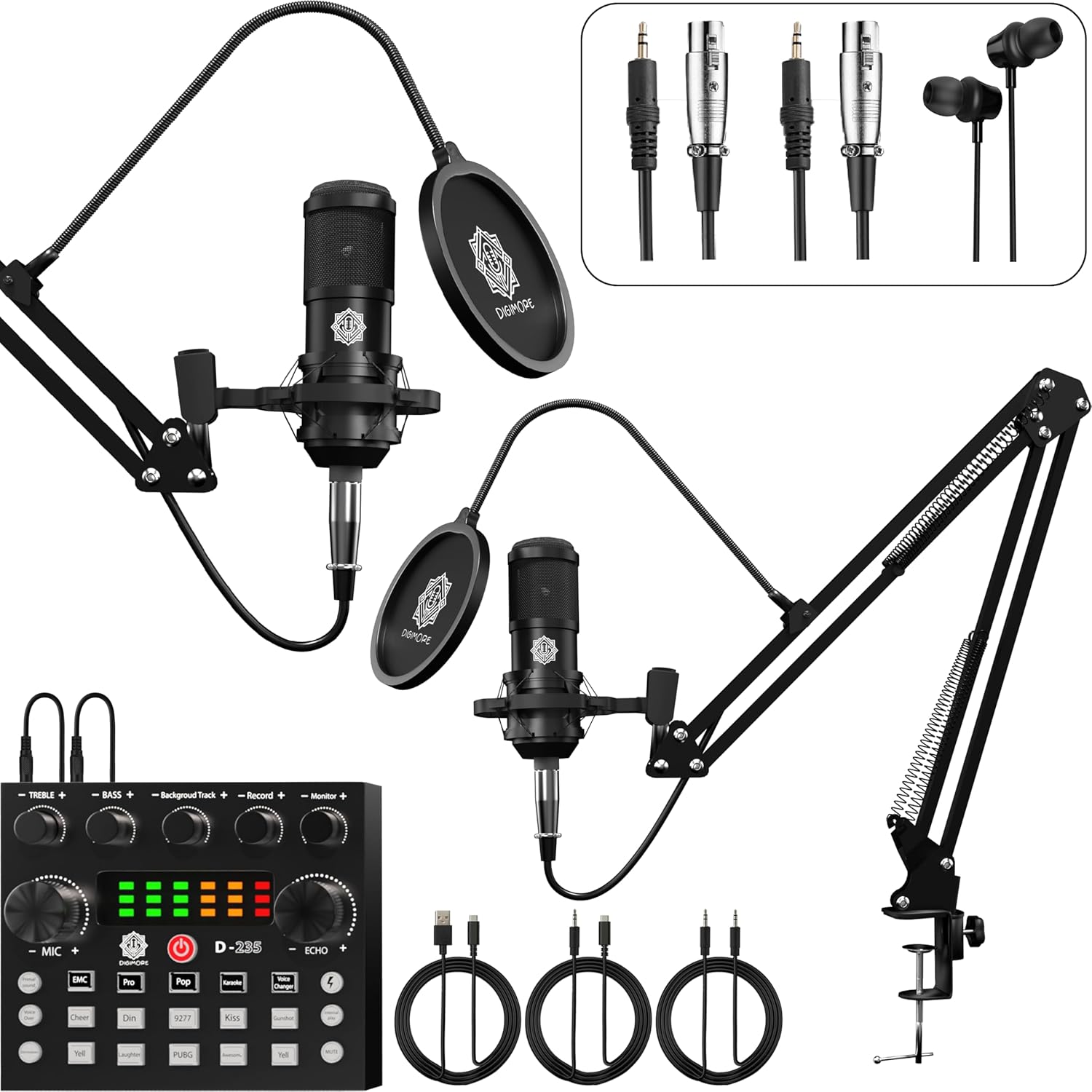 DIGIMORE Dual Condenser Microphone Kit for Singing with V8 Sound Card | Studio Recording Equipments Full Set, Voice Recorder Mic, Karaoke, Gaming, Podcast & Lecture (D-432)