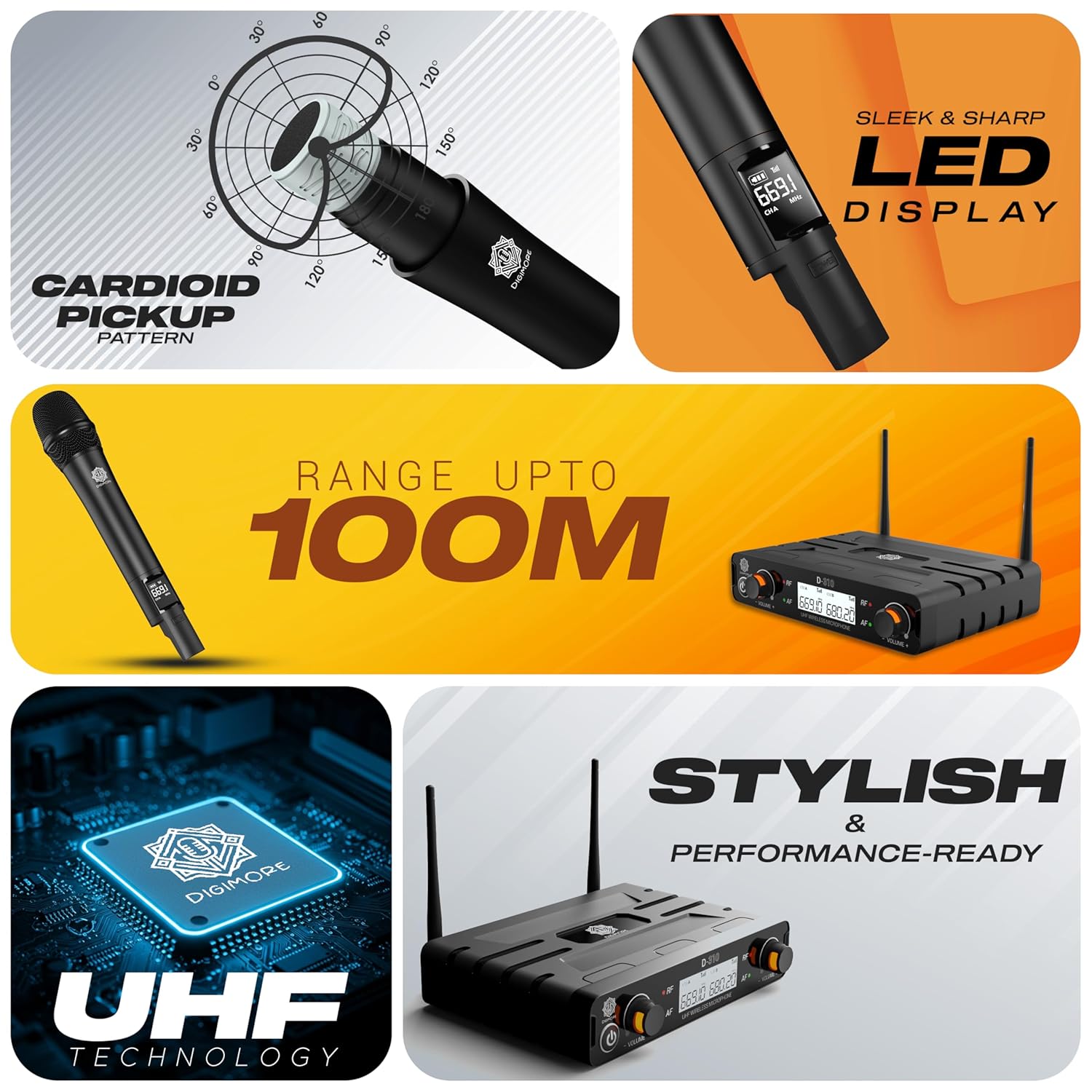 DIGIMORE Dual UHF Wireless Microphone System | 324ft Range | Metal Body | Cardioid Pickup | XLR Bal + 6.35mm UnBal Outs | for Singing, Live Events, Church, DJ & Karaoke (D-310 Pro)