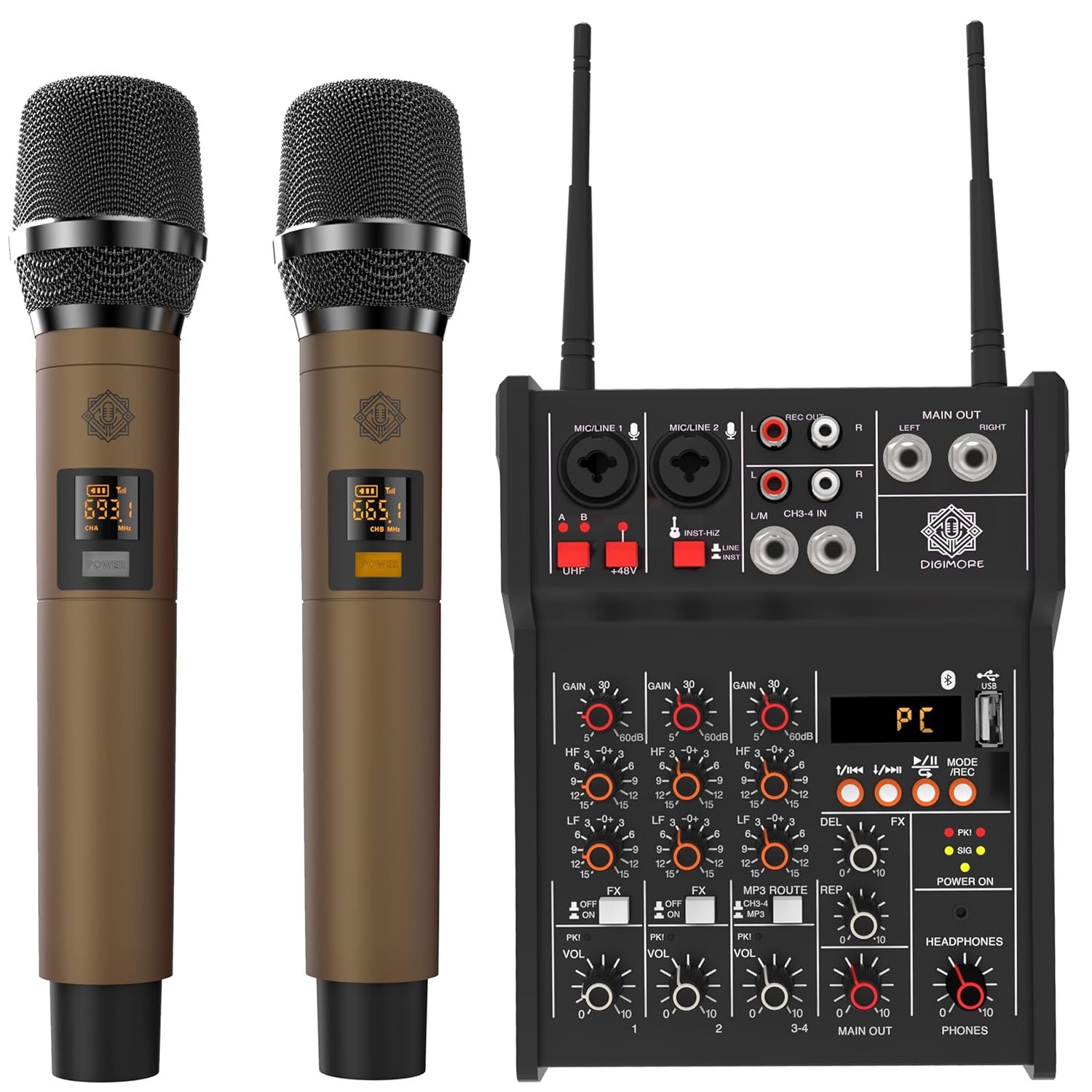 D-300 4 Channel Professional Audio Mixer With Dual Wireless Mic, Sound Board Console 16 DSP Controls MP3 Bluetooth 48V Phantom Power USB Interface DJ Mixing for Home Karaoke Party Studio Recording