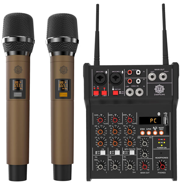 D-300 4 Channel Professional Audio Mixer With Dual Wireless Mic, Sound Board Console 16 DSP Controls MP3 Bluetooth 48V Phantom Power USB Interface DJ Mixing for Home Karaoke Party Studio Recording