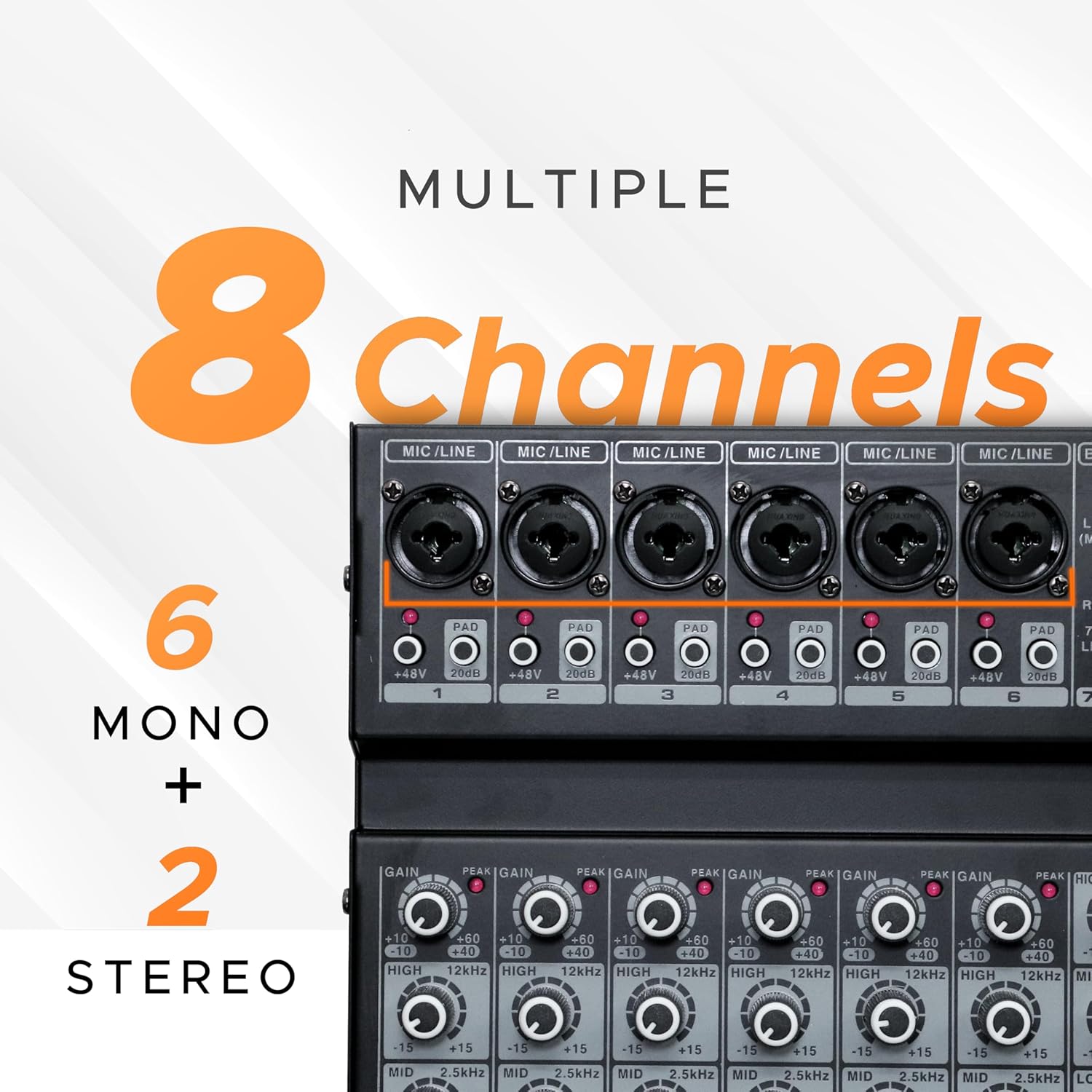 Digimore 8 Channel Mixer with Interface, 32 DSP DJ Bluetooth Mixer Reverb Effect +48V Phantom For Karaoke Studio Streaming Recording (D-256)