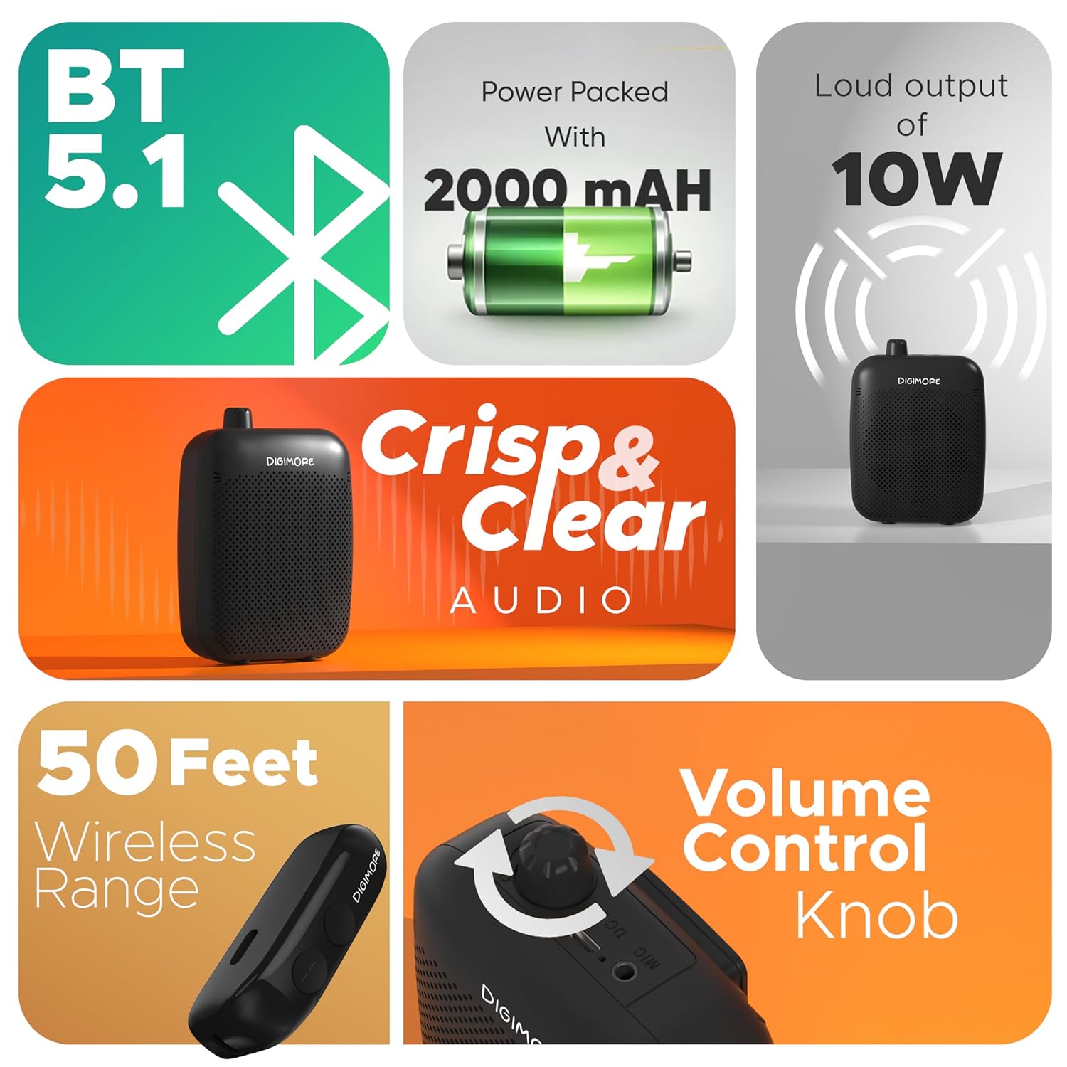 DIGIMORE Wireless Voice Amplifier for Teachers with Bluetooth | 10-Hr Battery | 10W Speaker | Wireless Headset Mic for Tour Guides, Teaching Mic, Factory Visits & PA System (D-1200 WL)