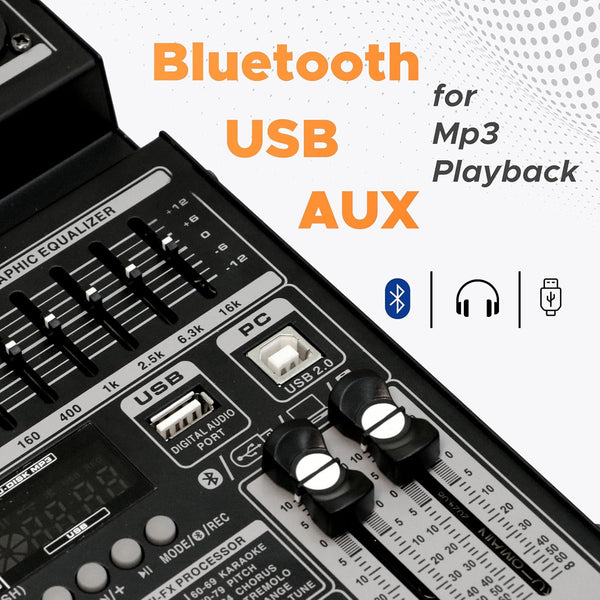 Digimore 8 Channel Mixer with Interface, 32 DSP DJ Bluetooth Mixer Reverb Effect +48V Phantom For Karaoke Studio Streaming Recording (D-256)