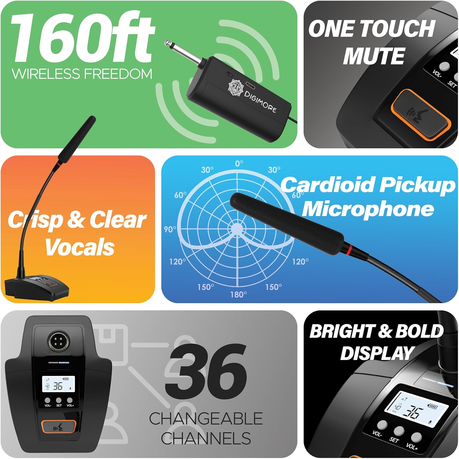 DIGIMORE UHF Wireless Gooseneck Microphone System | 24″ Adjustable Desktop Mic | 160 ft Range | 36 Channels | Ideal for Meetings, Lectures & Broadcasting (D-605)