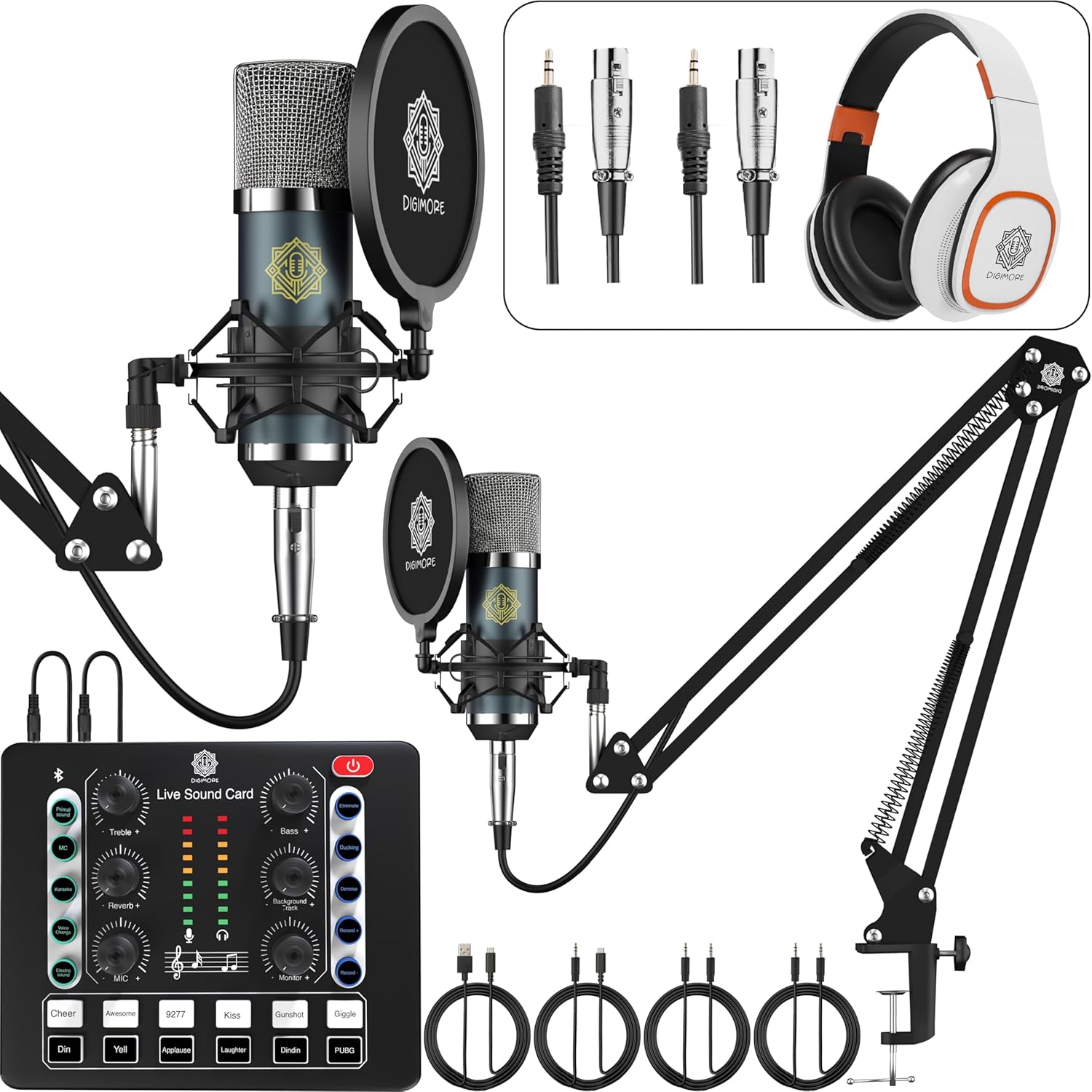 DIGIMORE Dual Condenser Microphone Kit for Singing with D-220 Sound Card | Studio Recording Equipments Full Set, Voice Recorder Mic, Karaoke, Gaming, Podcast & Lecture (D-442)