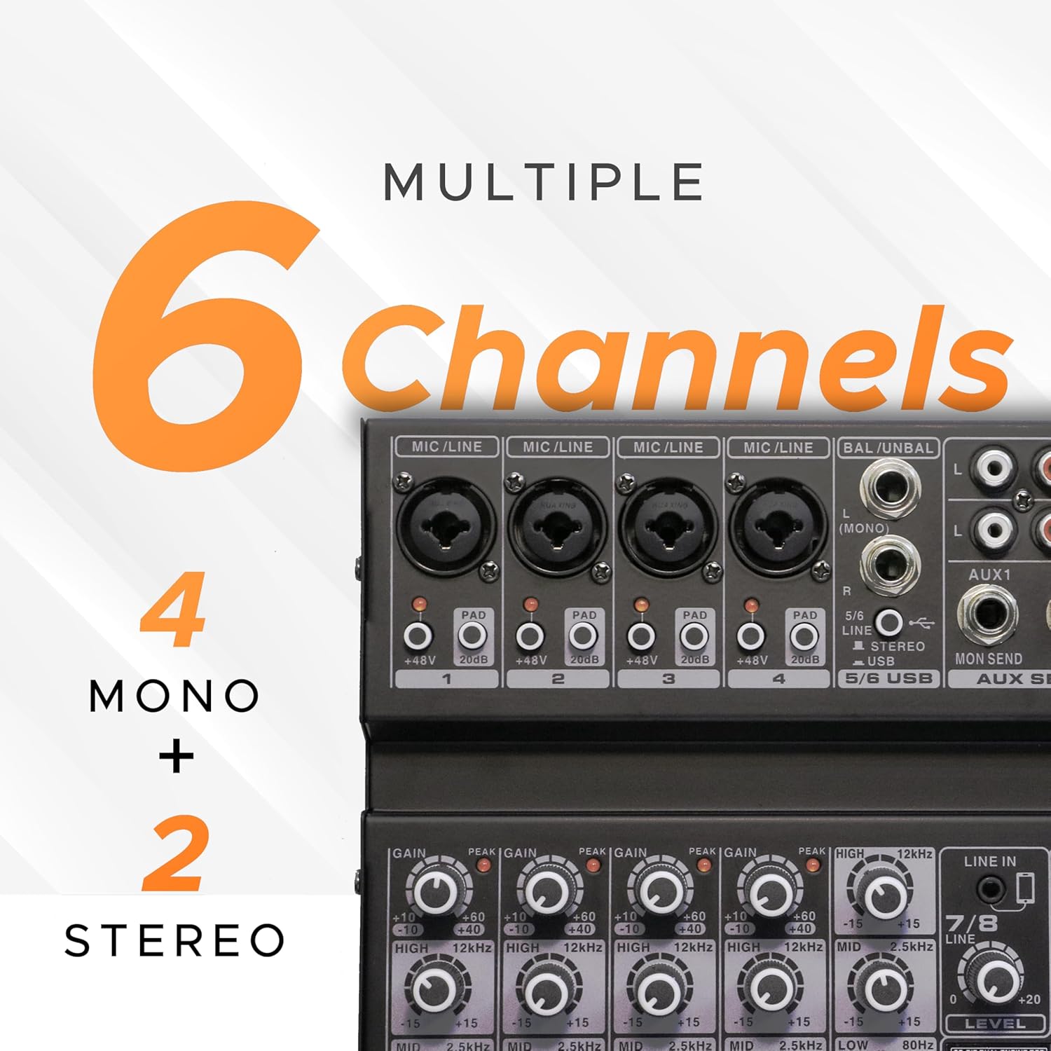 DIGIMORE 6 Channel Audio Mixer with Interface, 32 DSP Bluetooth DJ Mixer Reverb Effect +48V Phantom For Karaoke Studio Streaming Recording (D-246)