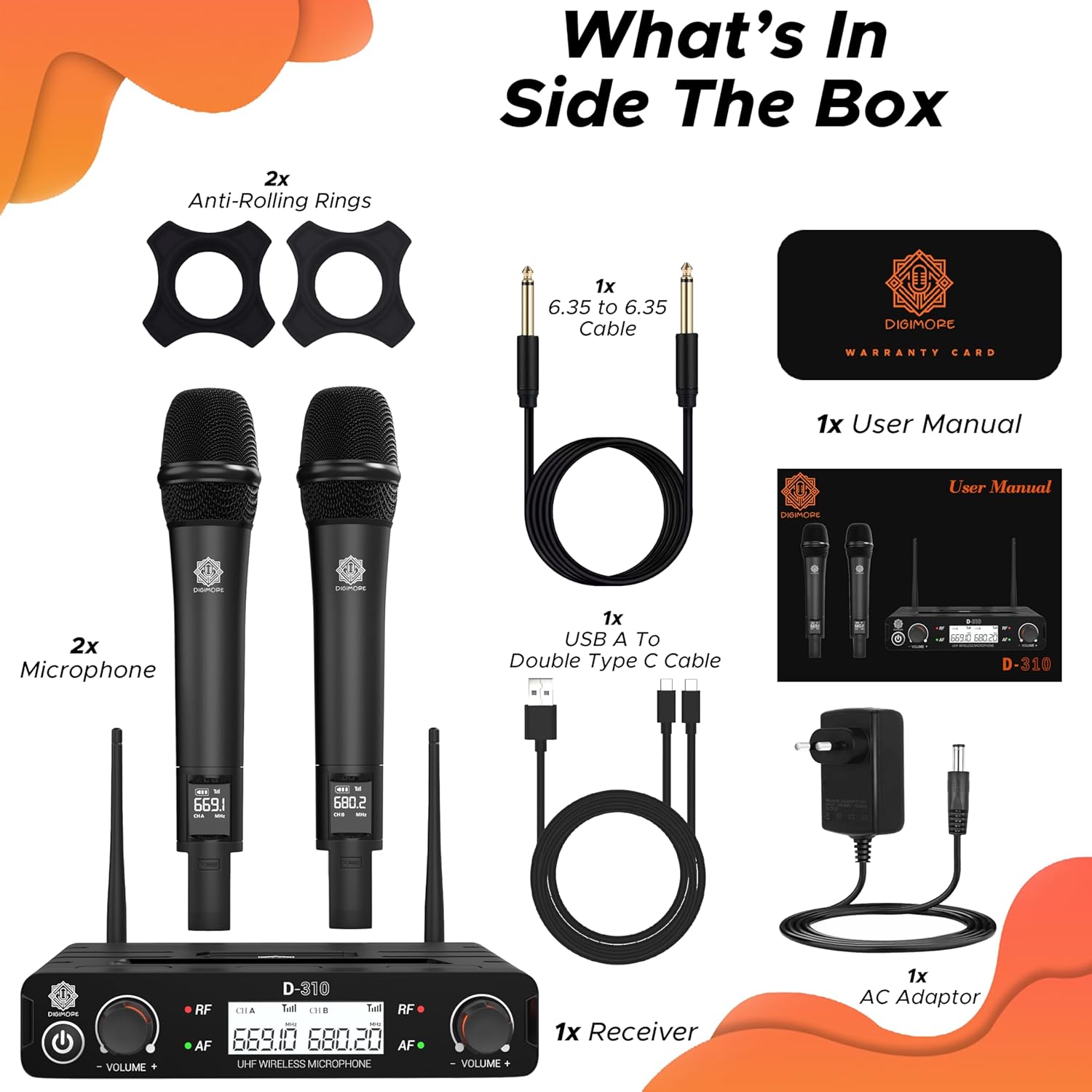 DIGIMORE Dual UHF Wireless Microphone System | 324ft Range | Metal Body | Cardioid Pickup | XLR Bal + 6.35mm UnBal Outs | for Singing, Live Events, Church, DJ & Karaoke (D-310 Pro)