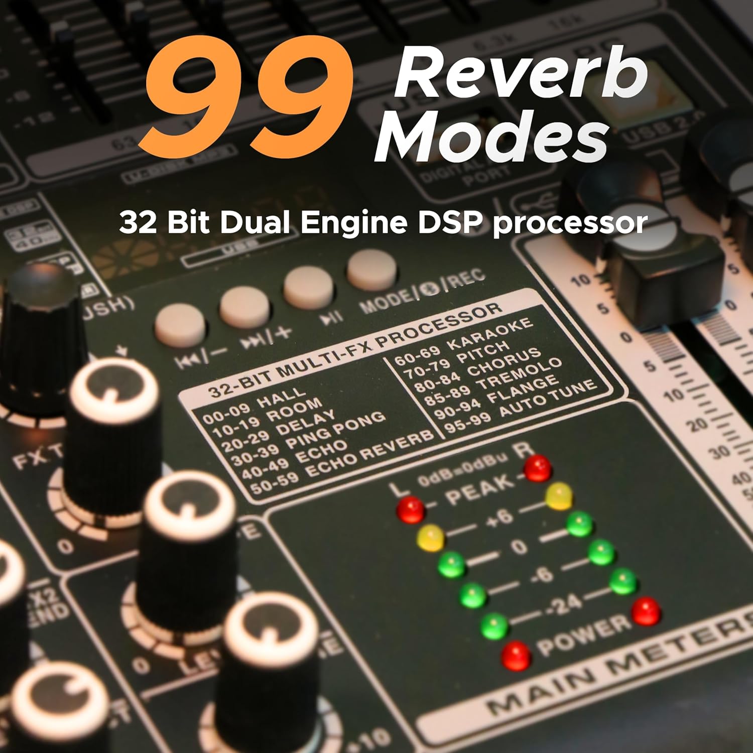 DIGIMORE 6 Channel Audio Mixer with Interface, 32 DSP Bluetooth DJ Mixer Reverb Effect +48V Phantom For Karaoke Studio Streaming Recording (D-246)