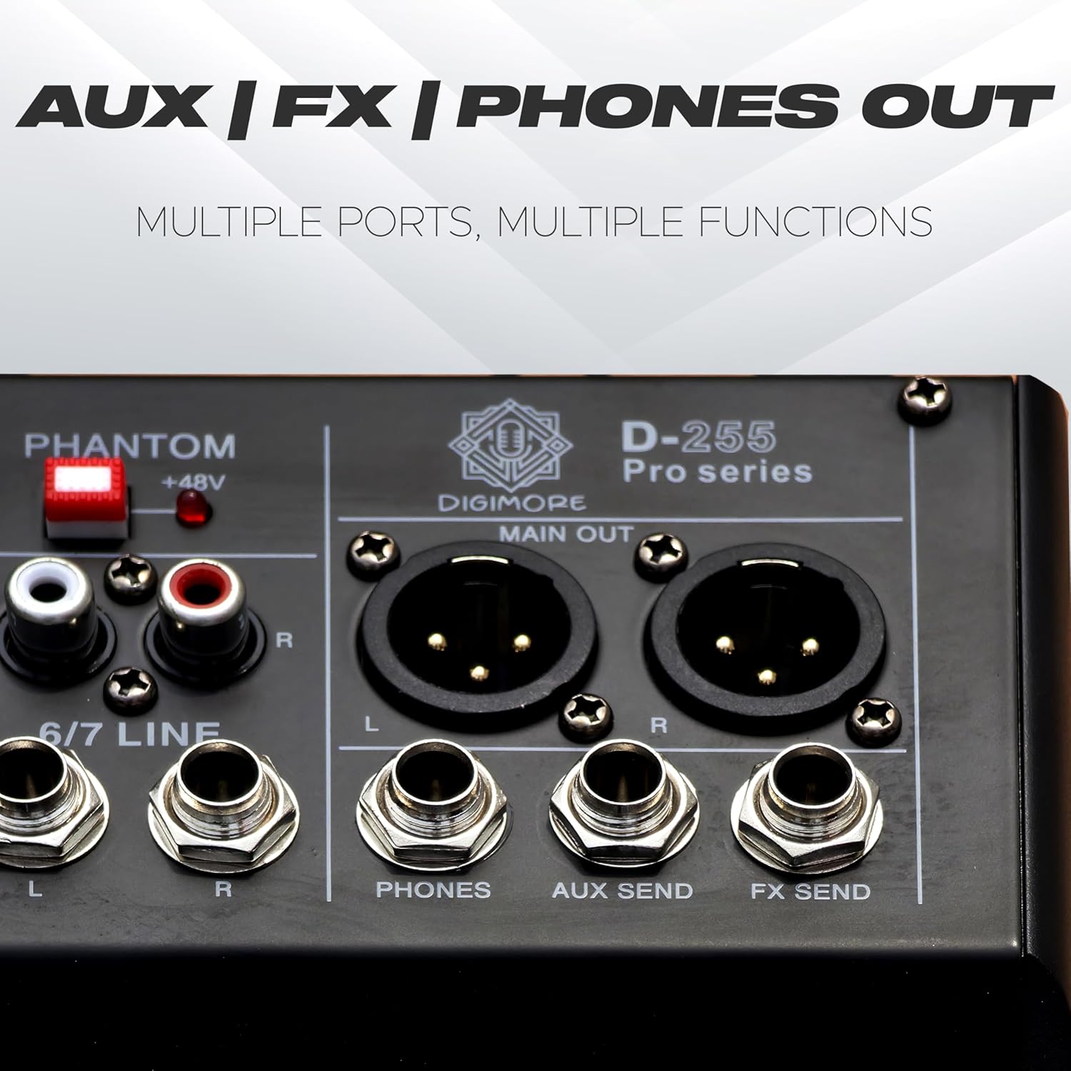 DIGIMORE 7 Channel Audio Mixer with USB & BT Playback | 48V Phantom Power | Stereo XLR Outs | Delay & Reverb Effects | Ideal for Stage, Live Gigs, and Karaoke (D-255 PRO)