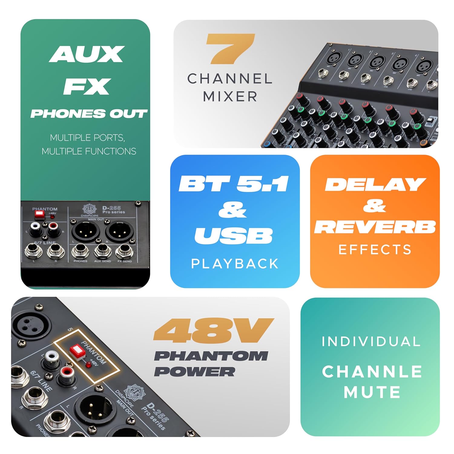DIGIMORE 7 Channel Audio Mixer with USB & BT Playback | 48V Phantom Power | Stereo XLR Outs | Delay & Reverb Effects | Ideal for Stage, Live Gigs, and Karaoke (D-255 PRO)