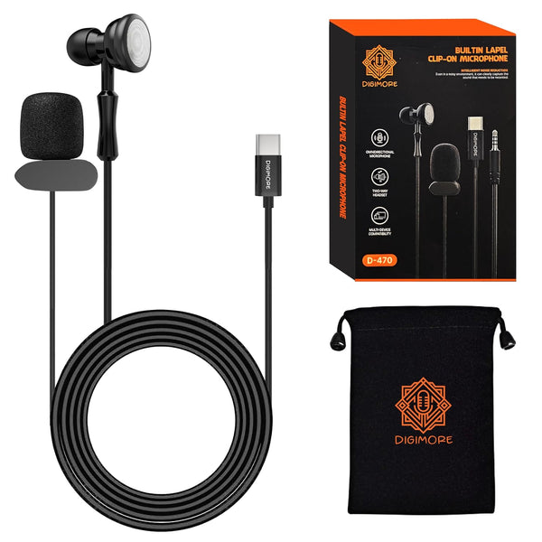 DIGIMORE Lavalier Microphone | Omnidirectional Clip-On Mic | Noise Reduction | Two-Way Audio | for Recording, Streaming & Online Meetings (D-470 Type-C)